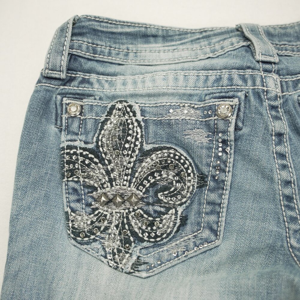 MissMe Jeans Women's Size 28 Blue Bootcut Embellished Fleur de Lis JY82108